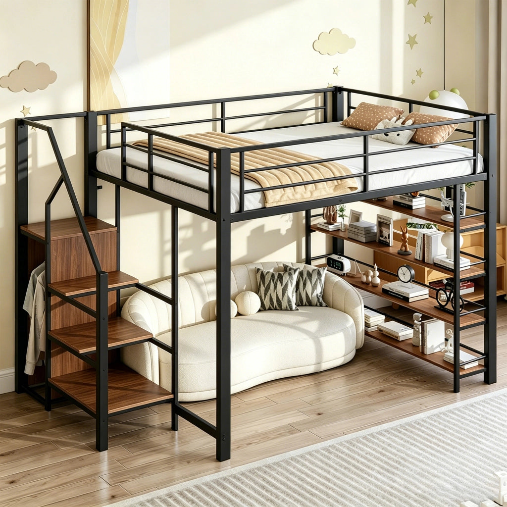 LETTO a soppalco 140x200 cm in metallo nero con scala contenitore e armadietto