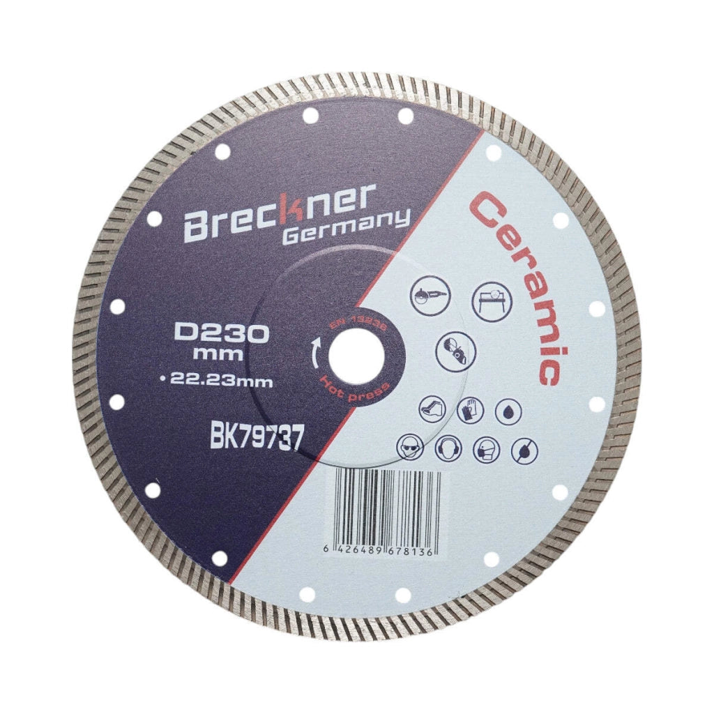 Disco diamantato turbo 230x22,23 mm, segmento 10 mm per piastrelle, maiolica, ceramica dura, marmo, granito Breckner Germany