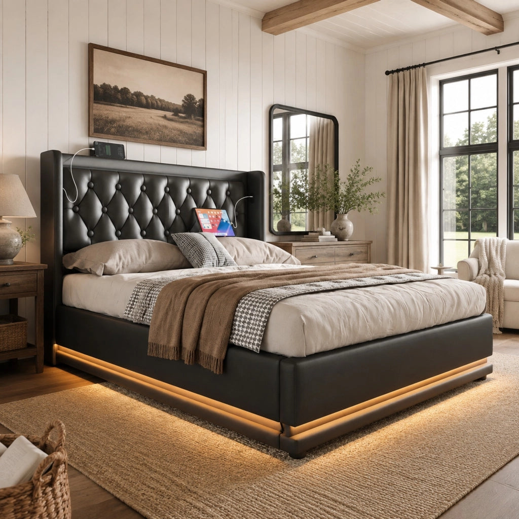 Letto matrimoniale 160x200 cm in PU nero con contenitore; testiera imbottita; LED e USB-C