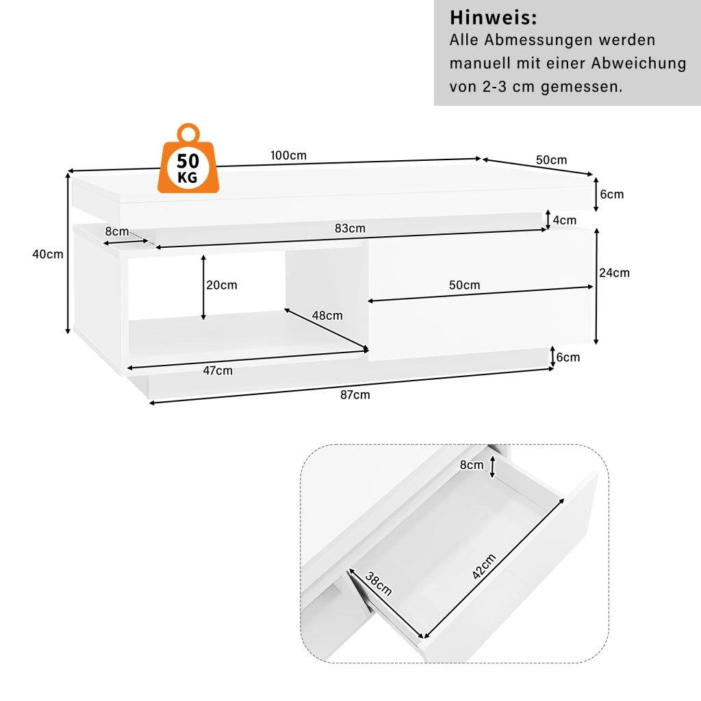 MOBILE TV con Tavolino Bianco Lucido LED Set 2 unità 181x38x38 cm e 100x50x40,3 cm