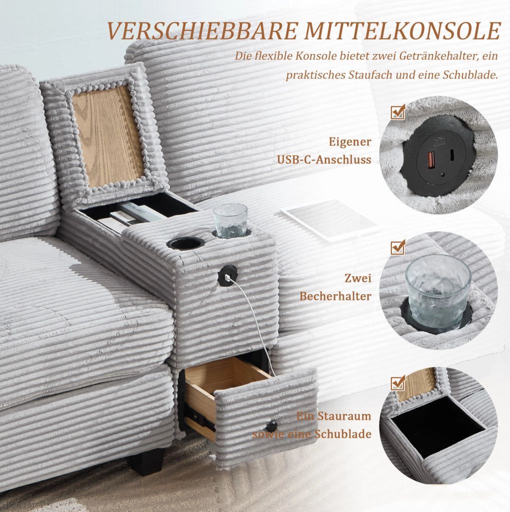 Divano in velluto a coste 266x136x82 cm con pouf contenitore; USB-C e console scorrevole grigio chiaro