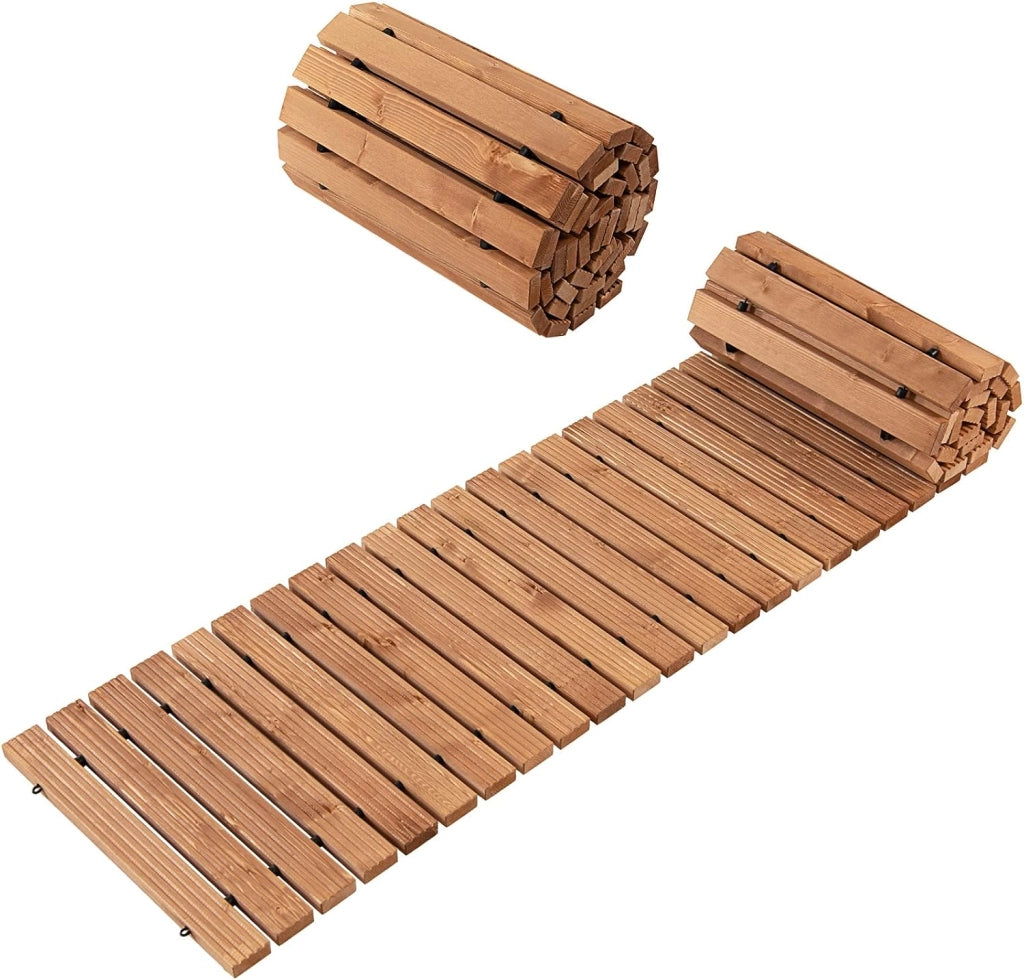Passerella Arrotolabile per Giardino, Sentiero da Giardino con Filo di Ferro e Consistenza Antiscivolo Resistente alle Intemperie, Percorso in Legno per Cortile e Spiaggia (245 x 43 x 2 cm)