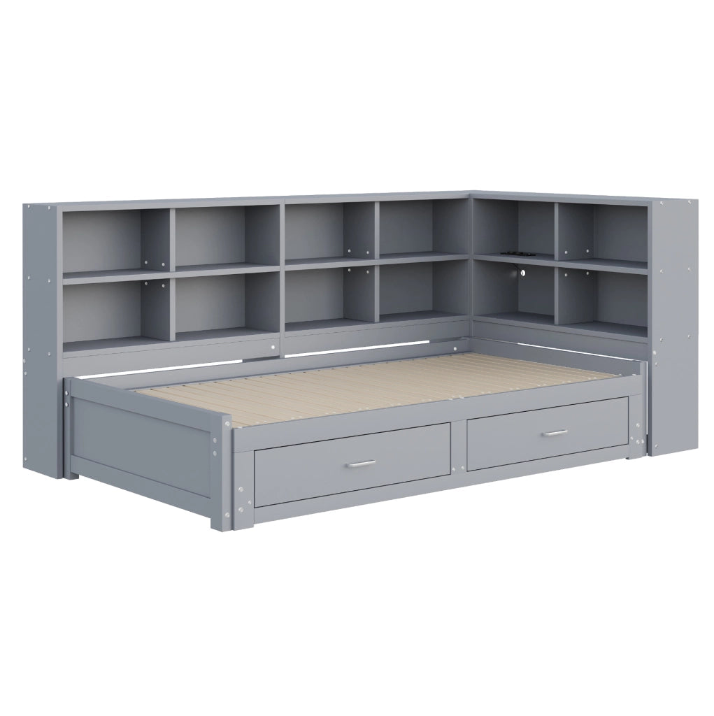 Letto multifunzione estraibile 90/180x190 cm con contenitore; prese multifunzione; grigio
