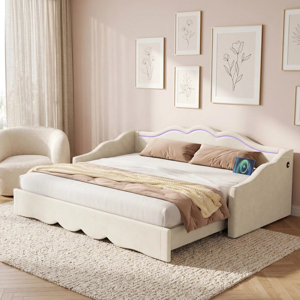 Letto pieghevole funzione 2 in 1 velluto beige 90x200 cm
