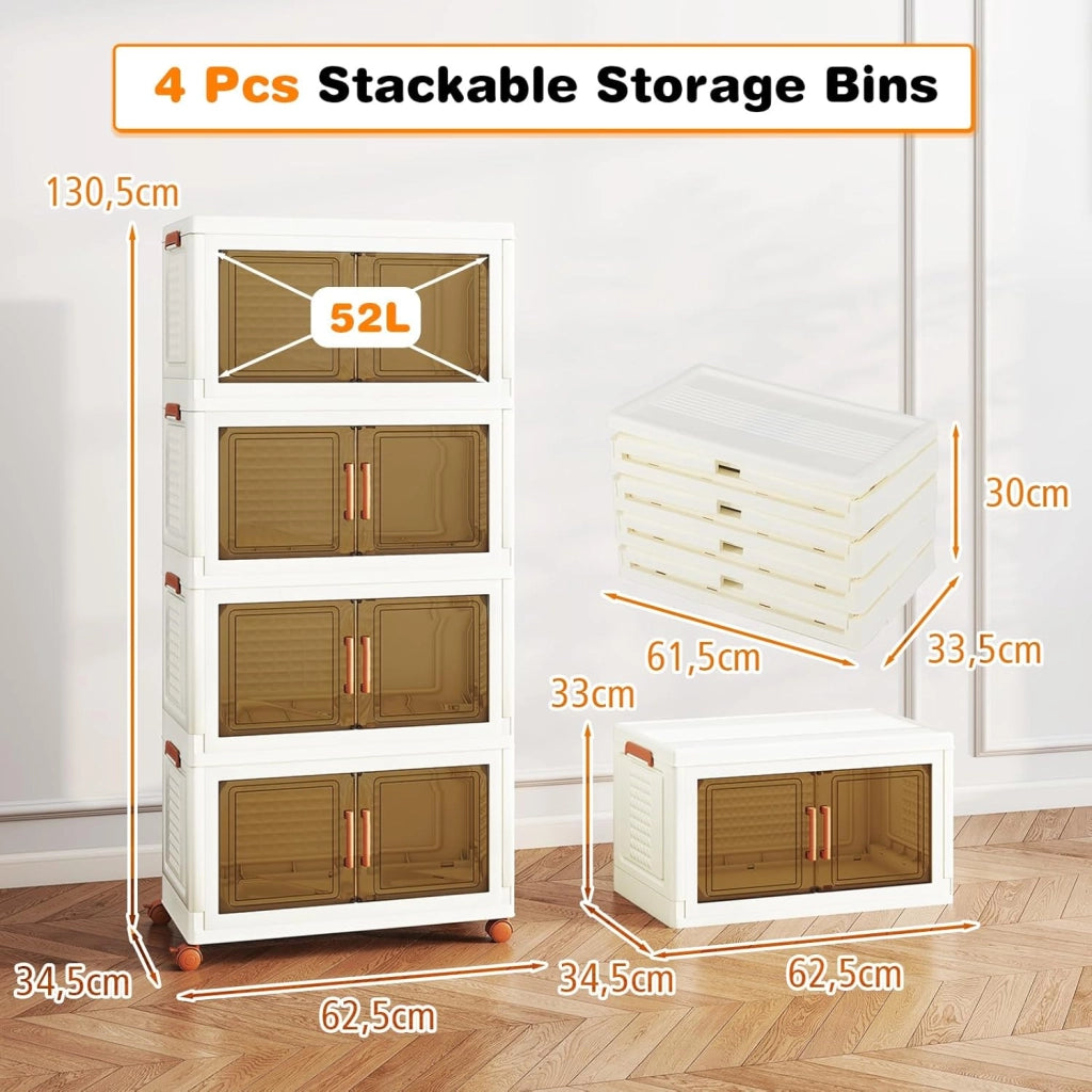 Contenitore di Archiviazione in Plastica, Organizzatore Impilabile con Coperchi e Porte, 4 Ruote, Scatole Organizzatore Pieghevoli per Soggiorno, Camera da Letto (62,5 x 34,5 x 130,5 cm)