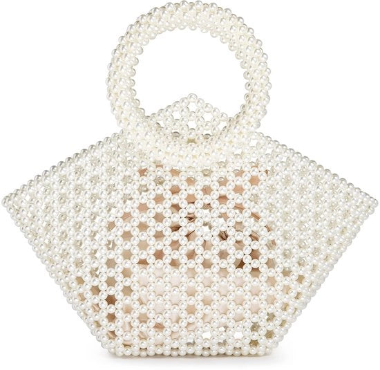 Borsa Clutch a Mano per Donna, Borsa a Mano Artigianale, Borsa da Sera, Borsa da Festa, Borsa a Sacchetto con Bianco Perla