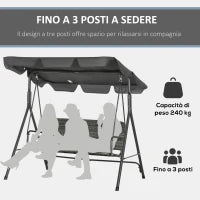 Dondolo da Giardino 3 Posti con Tettuccio Regolabile in Rattan PE, 167x112x153cm, Grigio Scuro