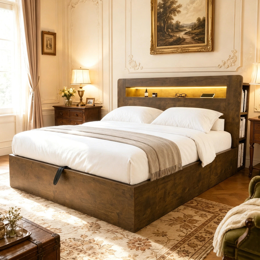 Letto matrimoniale contenitore con sollevamento idraulico; LED e prese integrate; 180x200 cm; legno vintage