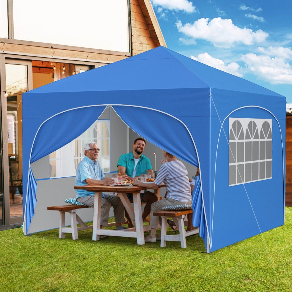 Tenda gazebo richiudibile con 4 pareti rimovibili 3x3 m borsa con ruote, Riparo sole da spiaggia pieghevole Blu-Gazebo