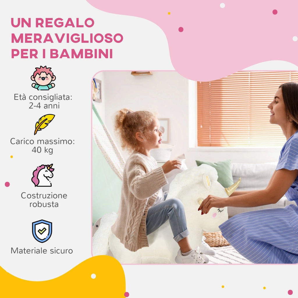 Cavallo a Dondolo per Bambini in Legno e Peluche Unicorno Bianco