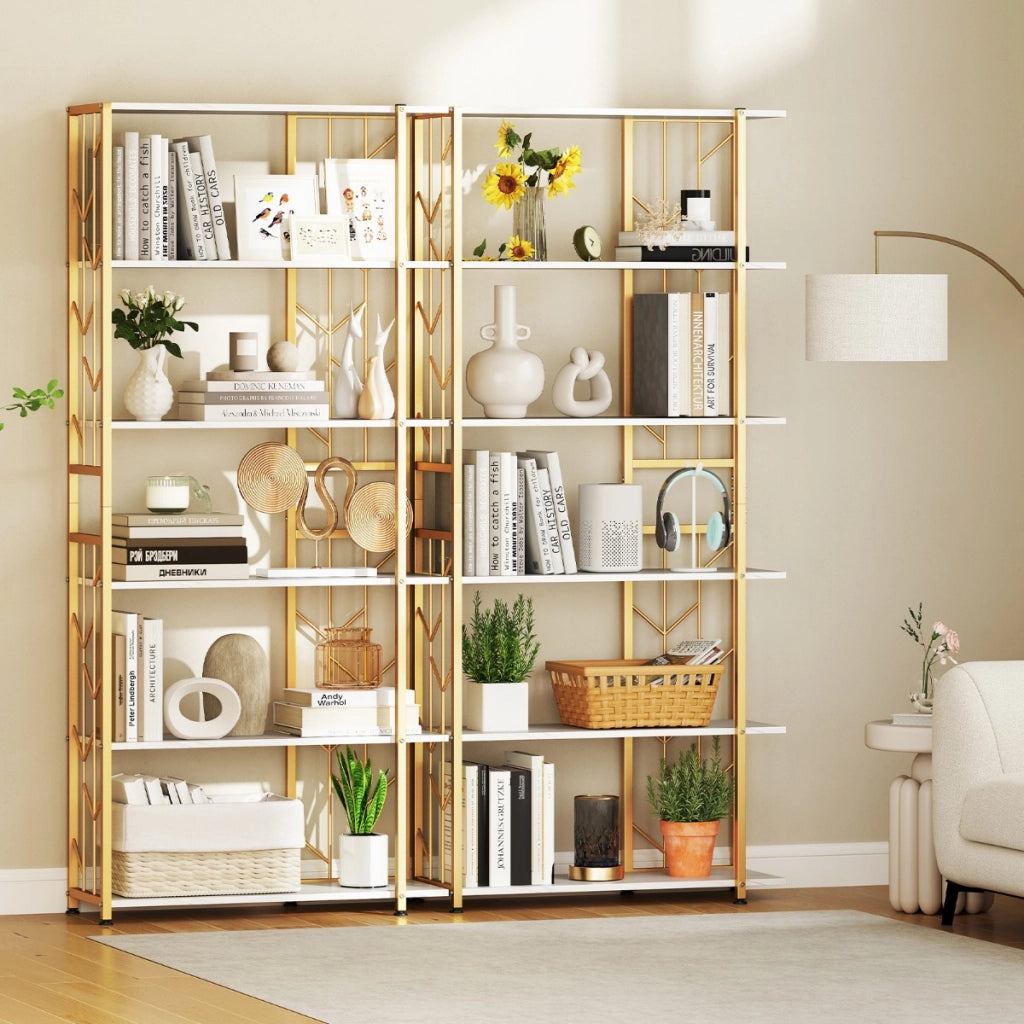Libreria geometrica moderna con telaio in metallo da letto, Libreria a 6 ripiani con 2 kit antiribaltamento per soggiorno Bianco
