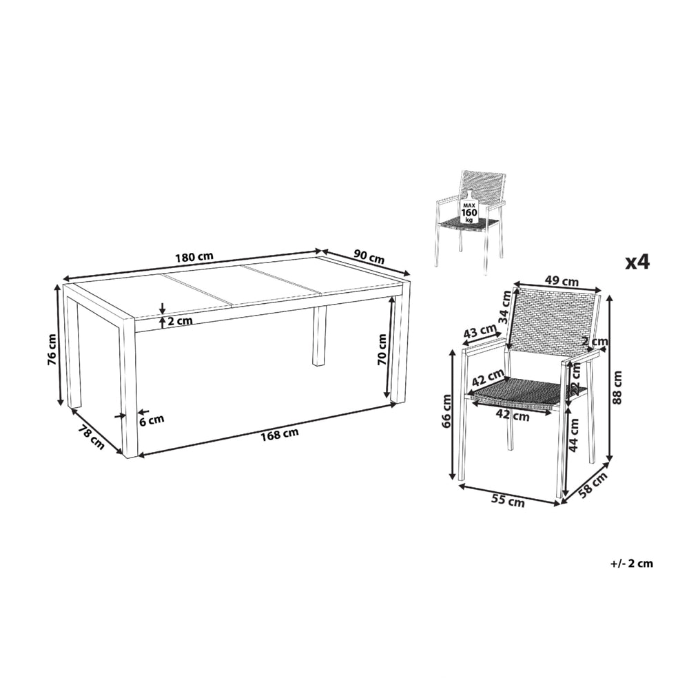 Set da giardino con 4 posti in acciaio inox con tavolo piano con effetto granito e sedie in rattan nero set esterno moderno
