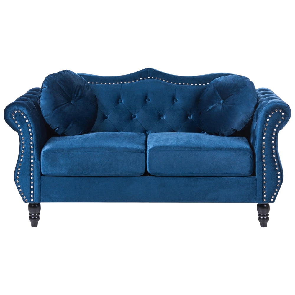 Set da soggiorno Velluto blu 2 posti 3 posti Bottoni con rifiniture a punta trapuntata Cuscini Braccia arrotolate Glam