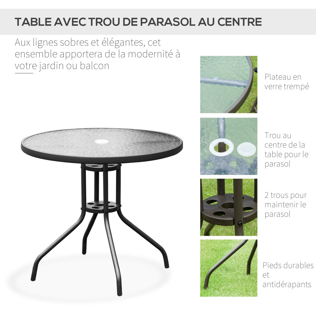 Set giardino 6 pezzi con tavolo rotondo, 4 sedie pieghevoli e ombrellone ¨C zephmum ¨C nero, metallo, tessuto