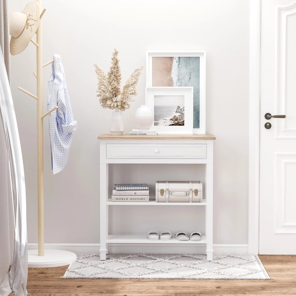 Tavolino da ingresso con 2 ripiani e cassetto ¨C zephmum ¨C 75.6x27.5x80.5 cm Bianco
