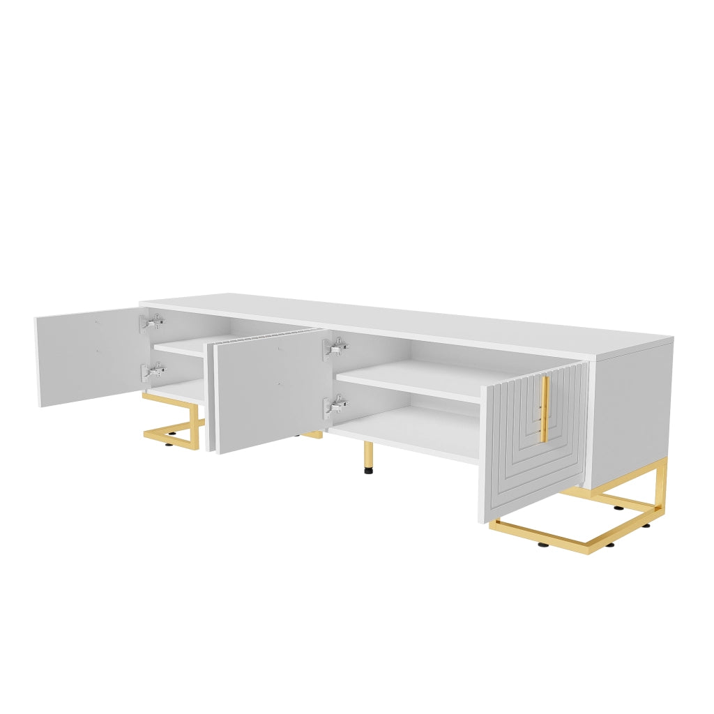 Mobile TV elegante 170 cm bianco con 4 ante, ripiani interni, maniglie e piedi dorati