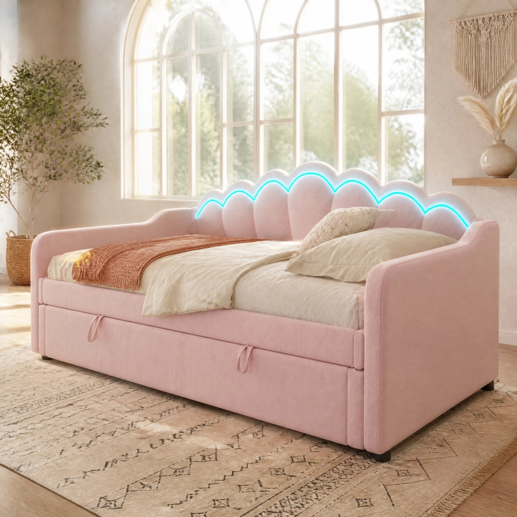 Letto singolo imbottito in velluto rosa con contenitore e LED