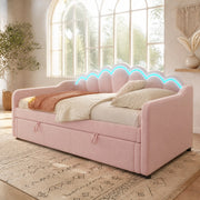 Letto singolo imbottito in velluto rosa con contenitore e LED