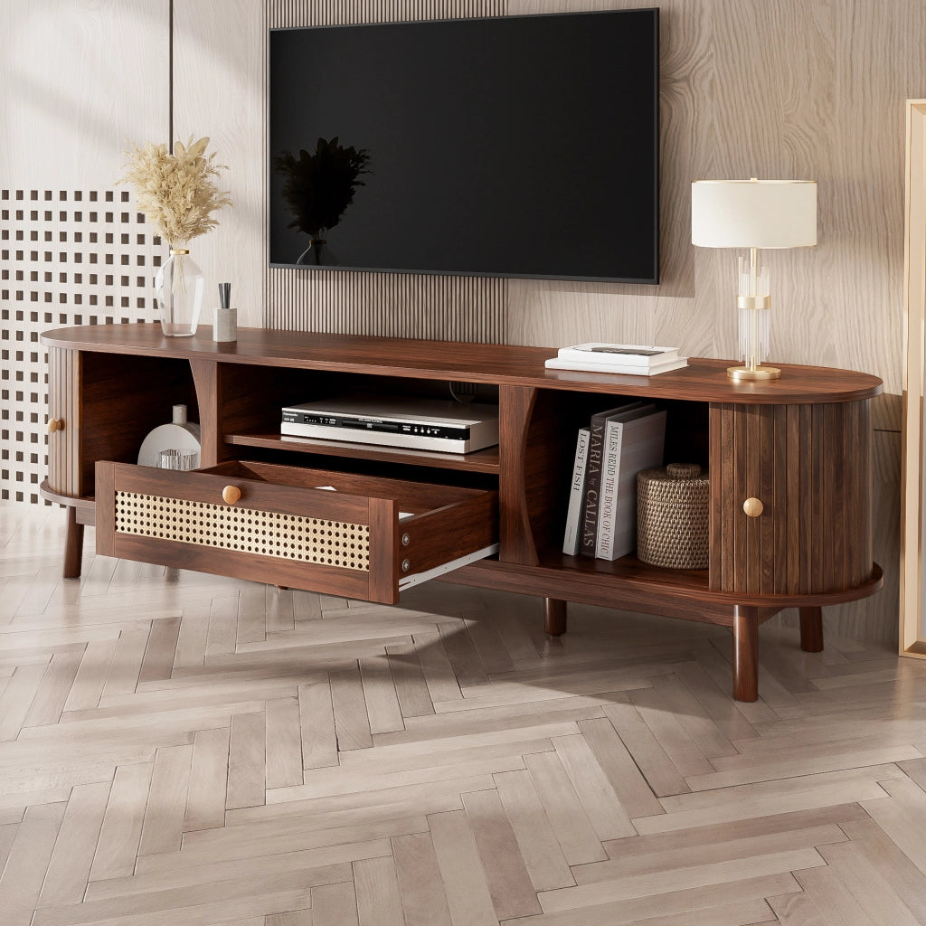 Mobile TV con 2 Ante Scorrevoli e 2 Cassetti in Rattan; Stile Country; Soggiorno; 165??37??46 cm; in MDF; Noce