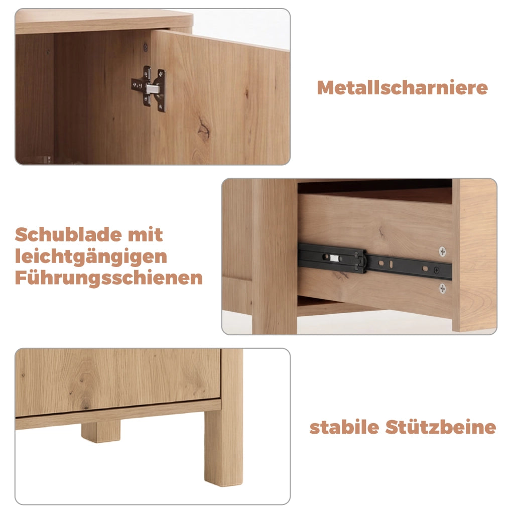 Credenza moderna 120x40x80 cm con 3 cassetti e 2 ante; rovere; pannello truciolare