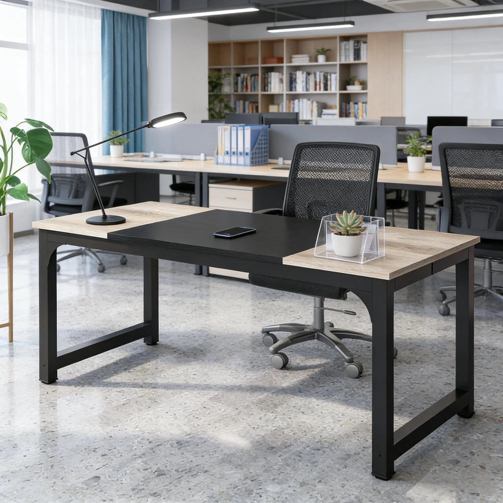 Scrivania lineare per 6 persone con struttura in metallo e pannelli in legno, moderna, per ufficio e sala riunioni