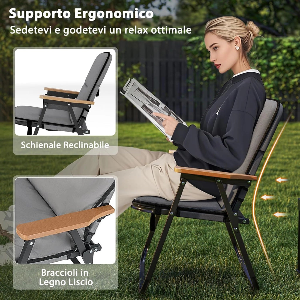 Set di 2 Sedie da Campeggio Pieghevoli, Sedie Portatili da Esterno con Cuscino Rimovibile, Tasca Laterale, Braccioli, Sedie da Spiaggia Resistenti per Esterni, Supporta 150 kg, Grigio