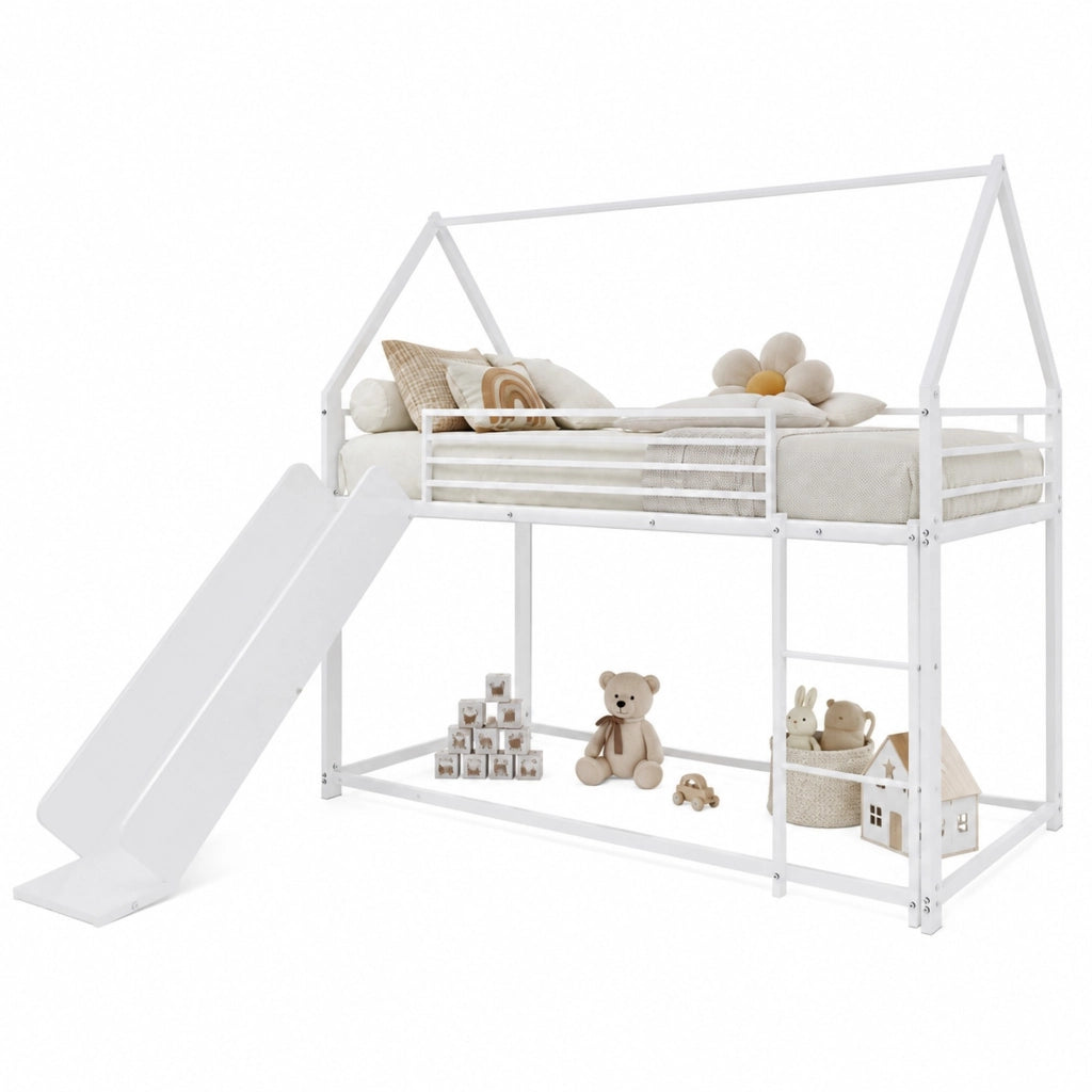 Letto a castello per bambini in metallo bianco con scivolo
