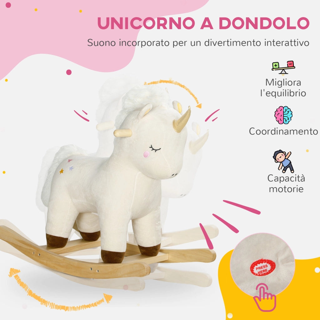 Cavallo a Dondolo per Bambini in Legno e Peluche Unicorno Bianco