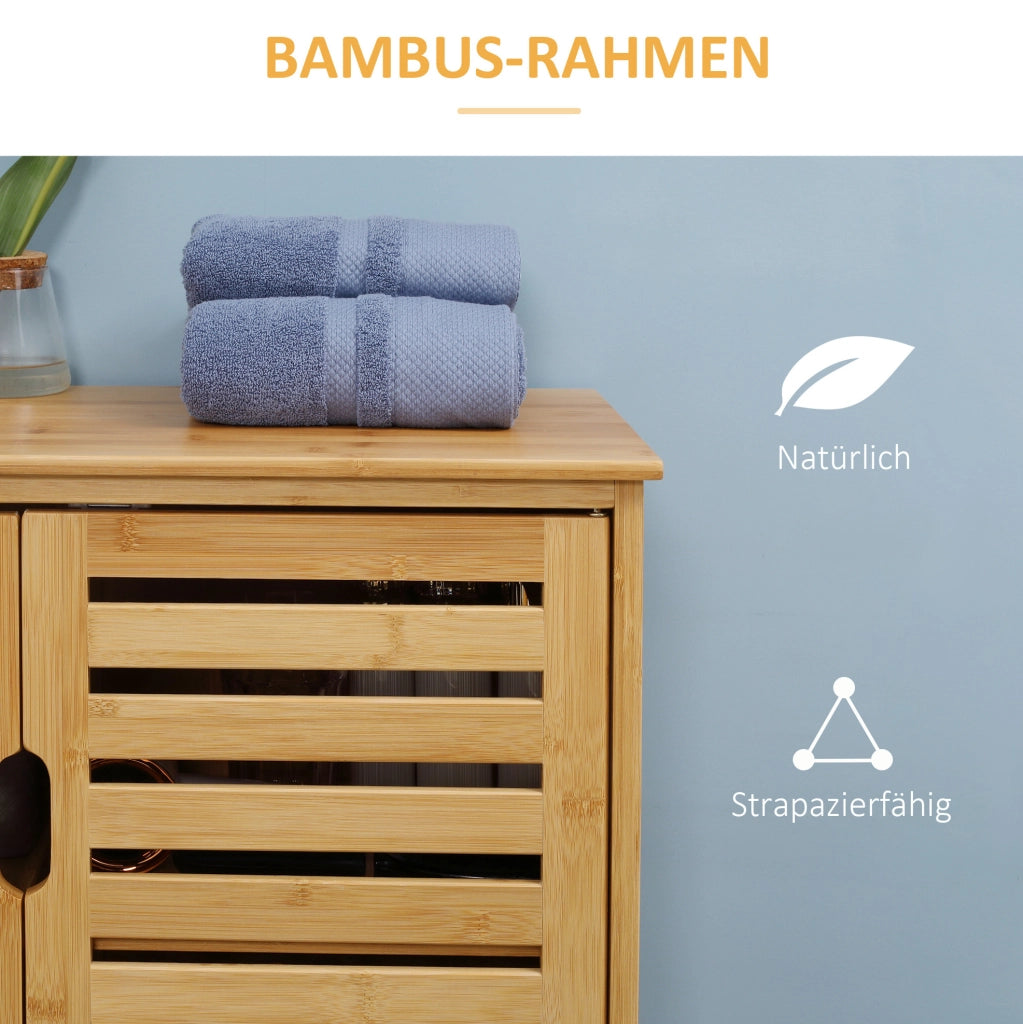 Mobile bagno in bambù con 2 ante a lamelle e ripiani, 68x32x86 cm