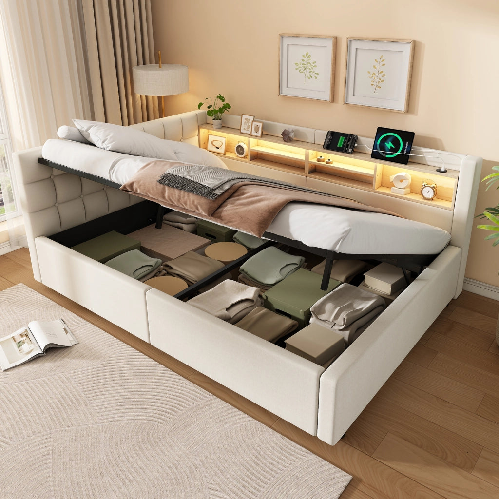 Letto matrimoniale contenitore 140x200 cm con sollevamento idraulico; LED; testiera con ripiano e USB; beige