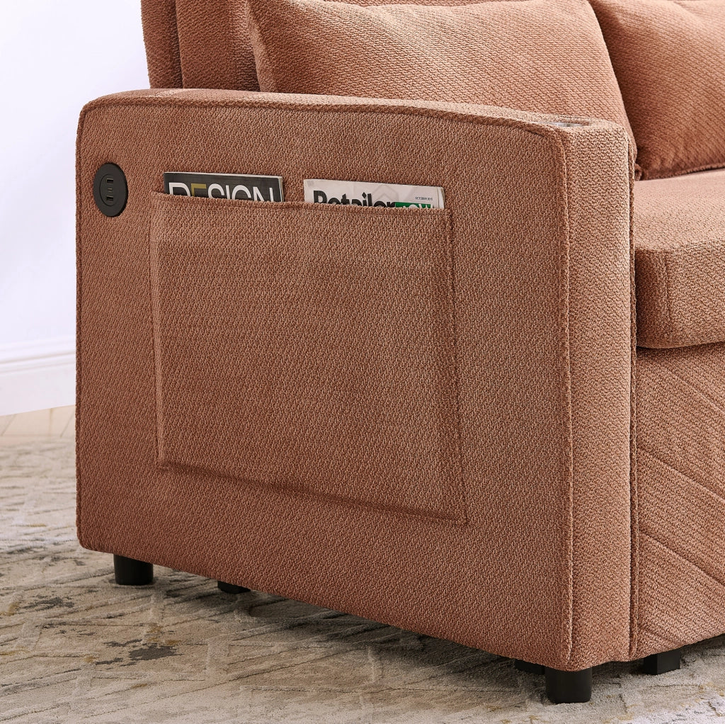 Divano letto 2 posti 195x134x73 cm in legno e tessuto arancione con USB