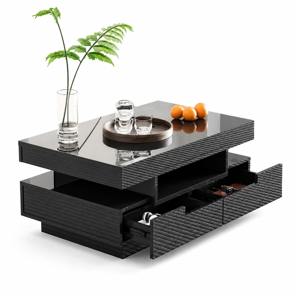Tavolino da caffè 80x50x36 cm; LED regolabile e 3 vani con 4 cassetti; pannello truciolare nero