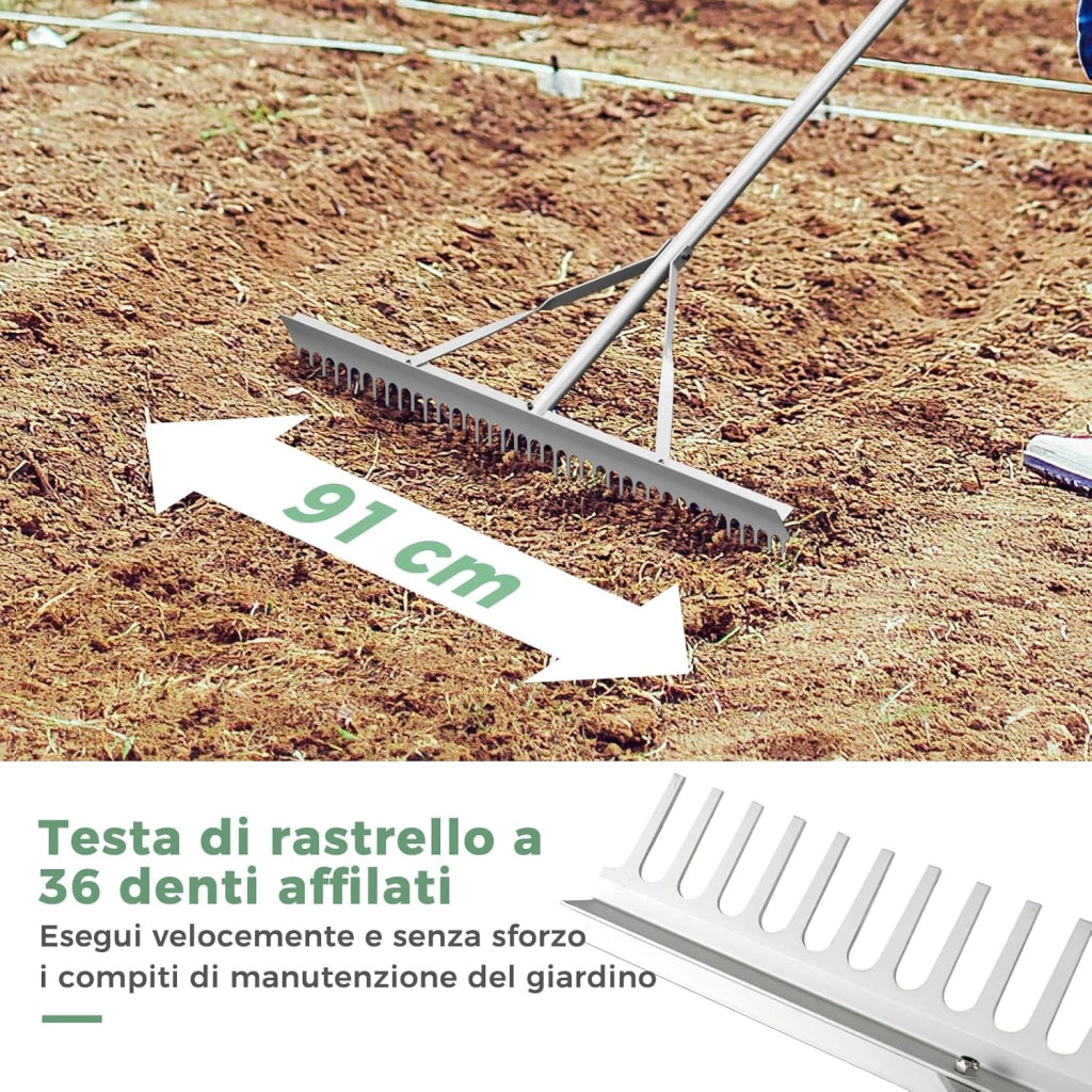 Rastrello da Giardino, Rastrello in Alluminio con Testa Larga 91 cm, 36 Denti, Manico Lungo 174 cm, per Allentare il Terreno, Cura del Prato, Cura del Lago Stagno Spiaggi