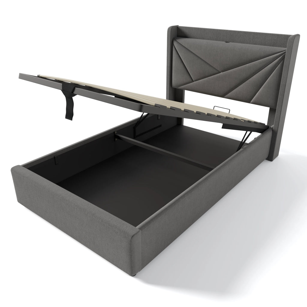 Letto singolo con contenitore 90x200 cm grigio, testiera geometrica, porte USB e Type-C, rete a doghe, senza materasso