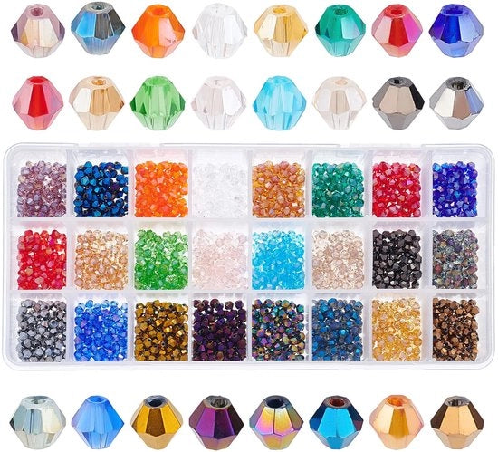 1680 Stuks Glaskralen per Pacchetto - Sieraden Fai da Te - 24 Colori - 4mm Facet Bicone - Galvanizzato - Ideale per Bracciali - Creativo e Versatile