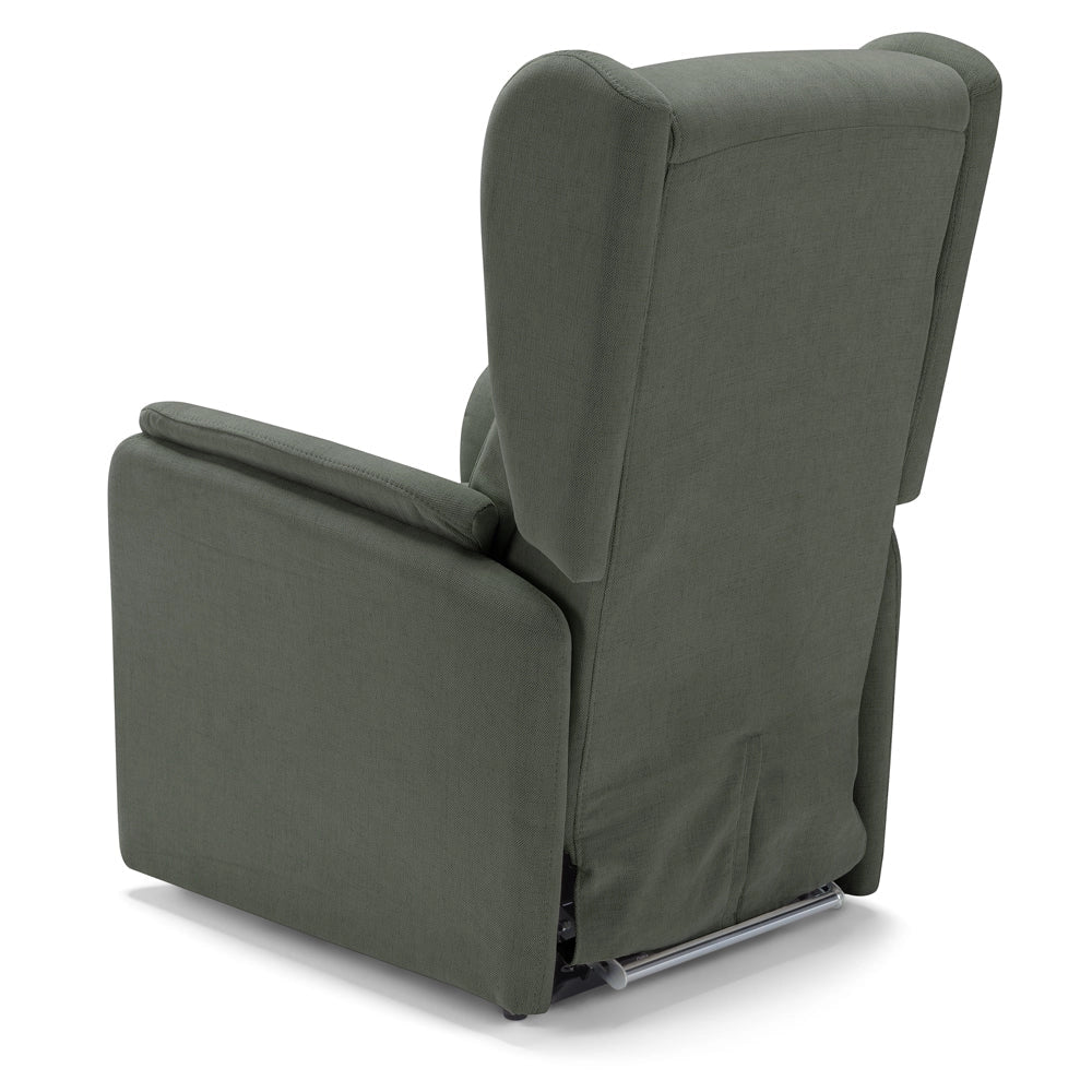 Poltrona relax elettrica FIRENZE MADE IN ITALY per anziani e disabili, 2 motori, 4 ruote, con Kit Batteria, tessuto antimacchia, colore Verde Foresta