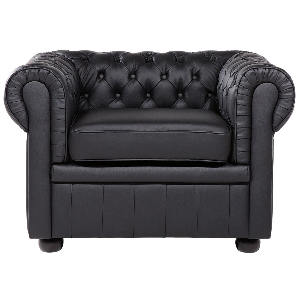 Set soggiorno Chesterfield Rivestimento in pelle nera Gambe in legno scuro Divano a 3 posti + poltrona contemporanea