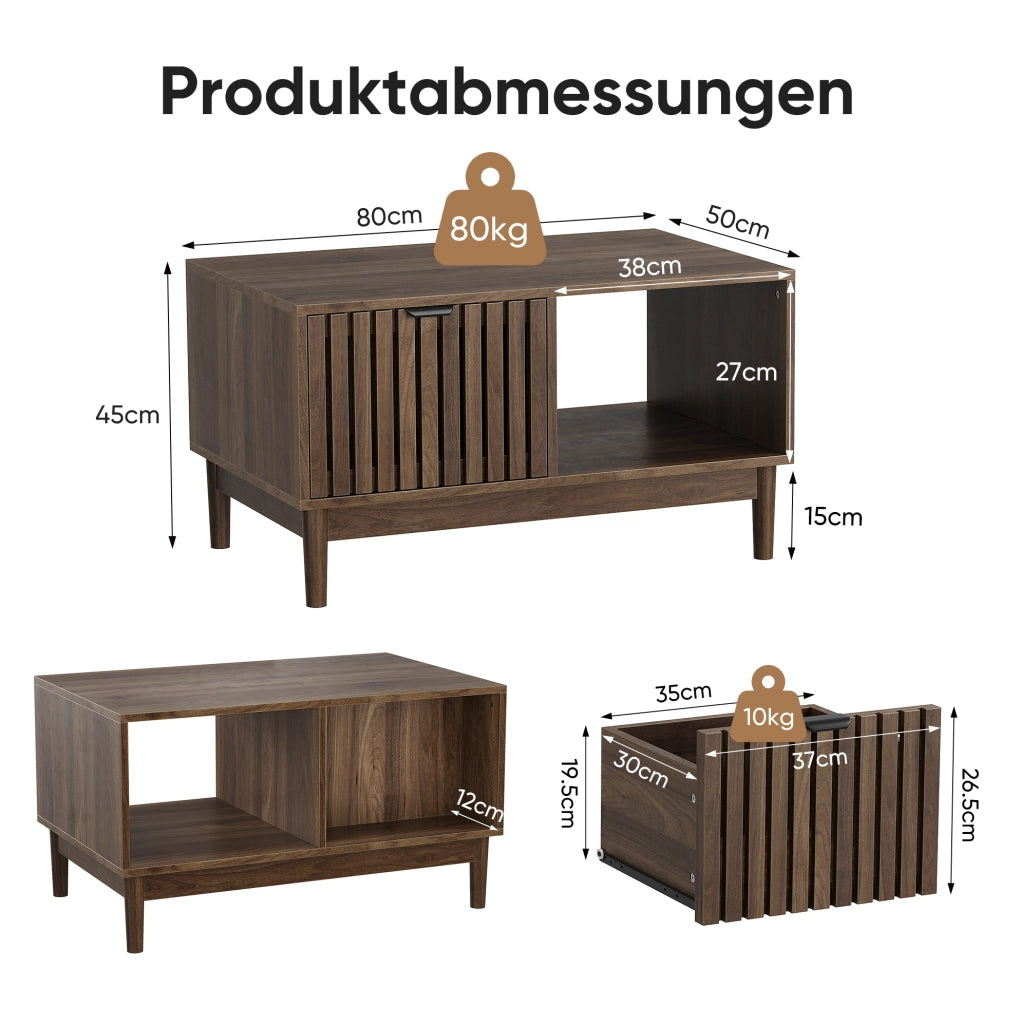 Tavolino da caffè moderno 80x50x45 cm in MDF colore noce; con vani contenitore