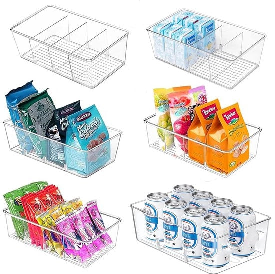 Set di 6 organizzatori per frigorifero, organizzatori per cucina con compartimenti, organizzatori per carrello, scatole per snack e tè in pile