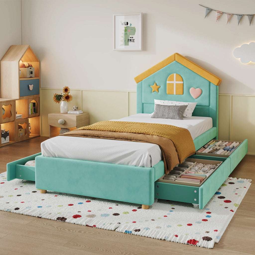 Letto imbottito per bambini a casetta 90x200 cm con 4 cassetti in velluto blu verde