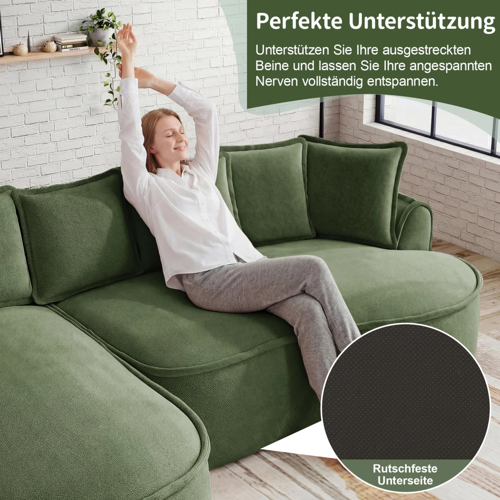 Canapé modulaire senza struttura con seduta extra profonda e cuscini in chenille per salotto verde