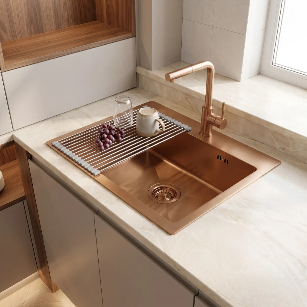 Lavello In Acciaio Con Set Di Accessori 3 Pz. Rea Leo 50 Brush Copper Accessori neri