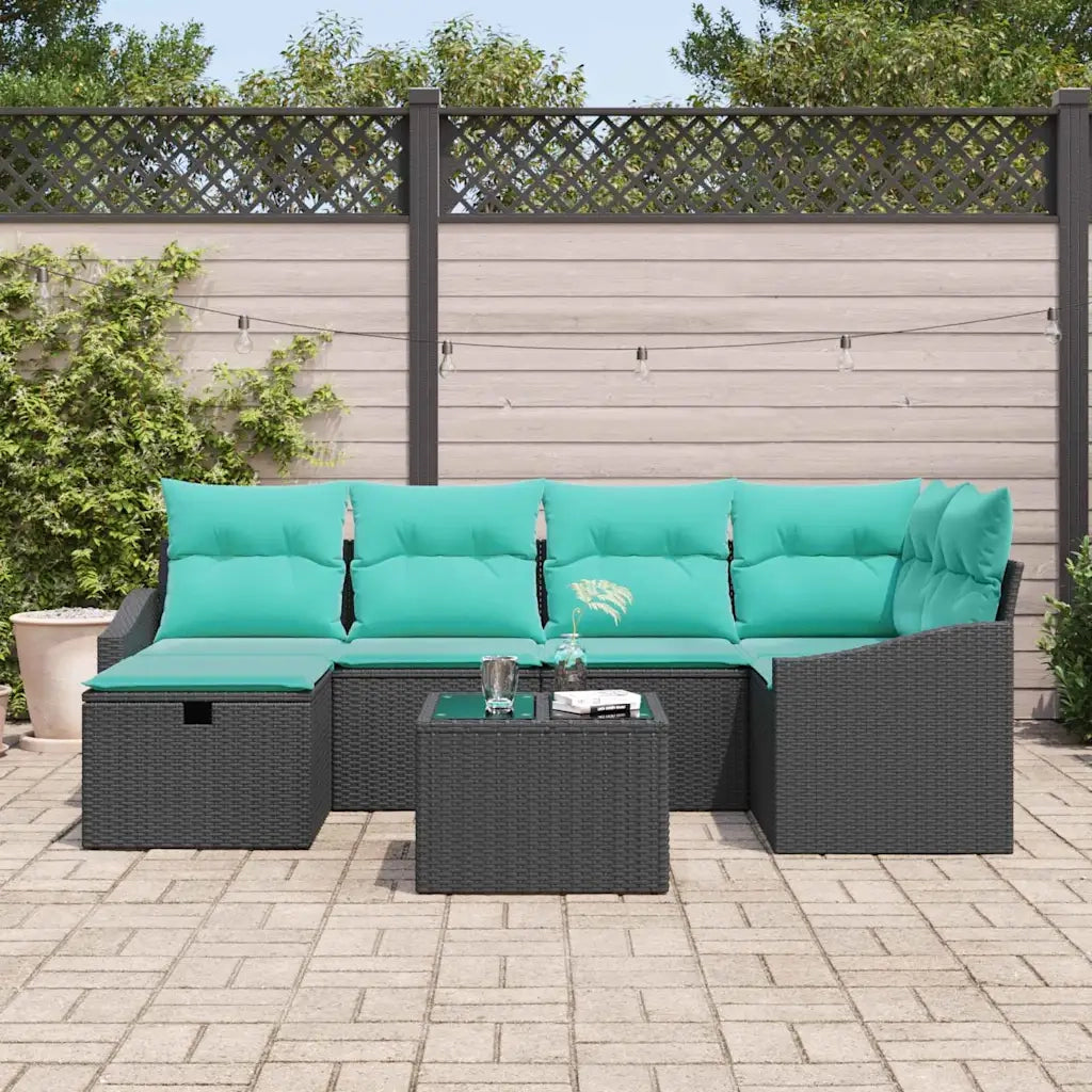 Set di divani con cuscino con archiviazione Nero polyrattan