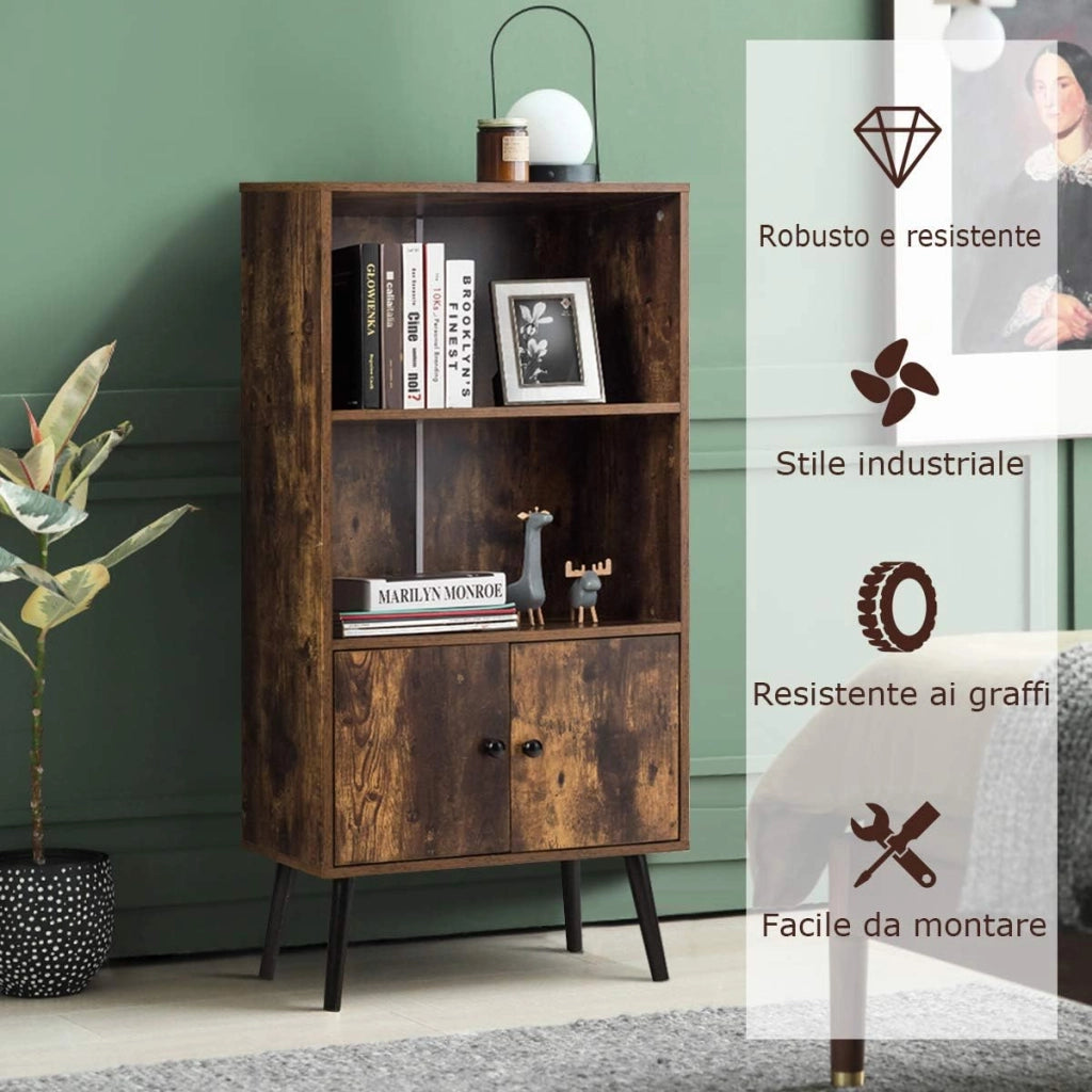 Libreria in Stile Retrò, Scaffale Portaoggetti a 2 Ripiani con Armadio, per Salotto Studio Ufficio, Marrone Vintage, 120x60x30 cm