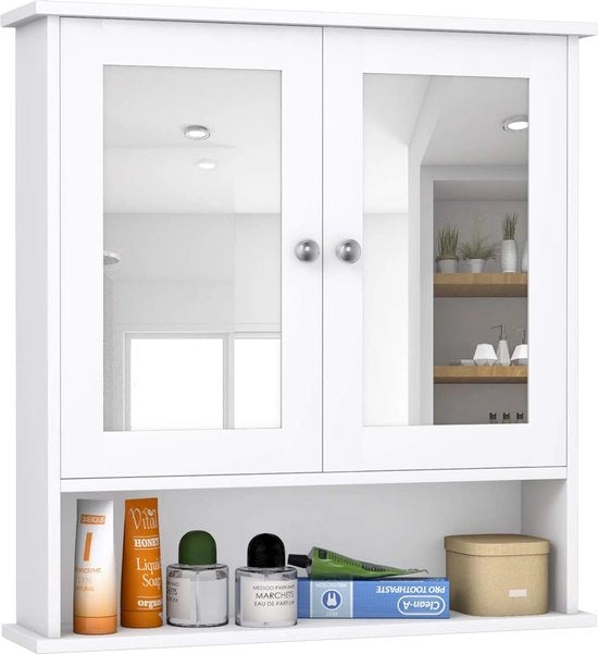 Cassettone da parete, armadio per bagno con specchi a doppia faccia, cassettone in legno con 3 pannelli, armadio da parete moderno con pannello interno regolabile, 56 x 13 x 58 cm (Bianco)