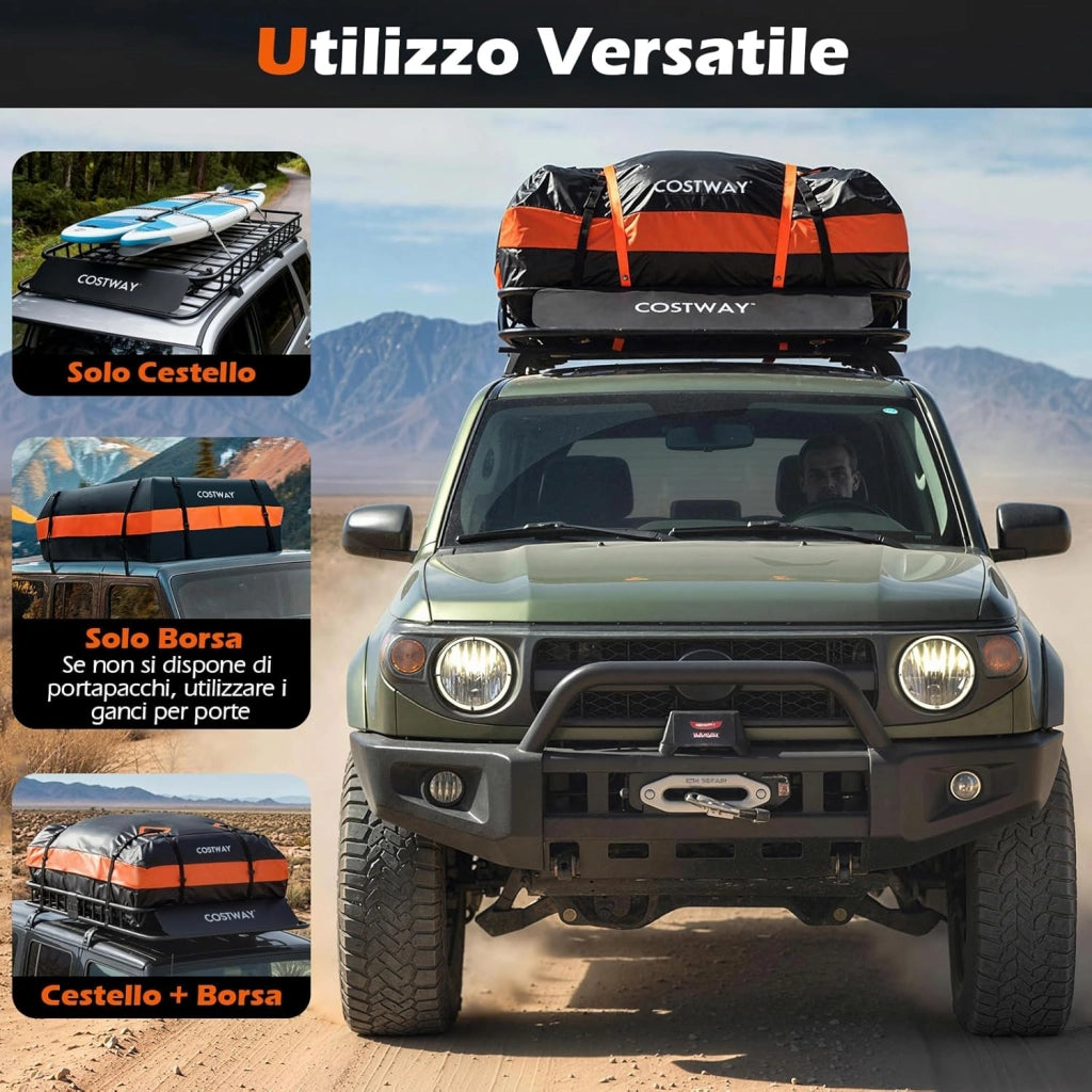 Portapacchi Auto da Tetto, Cestino Portapacchi da Tetto con Borsa per Bagagli e Cinghie a Cricchetto, Portata 90 kg, Barre Portatutto Universale per SUV, Camion, Berlina, 130 x 91 x 17 cm