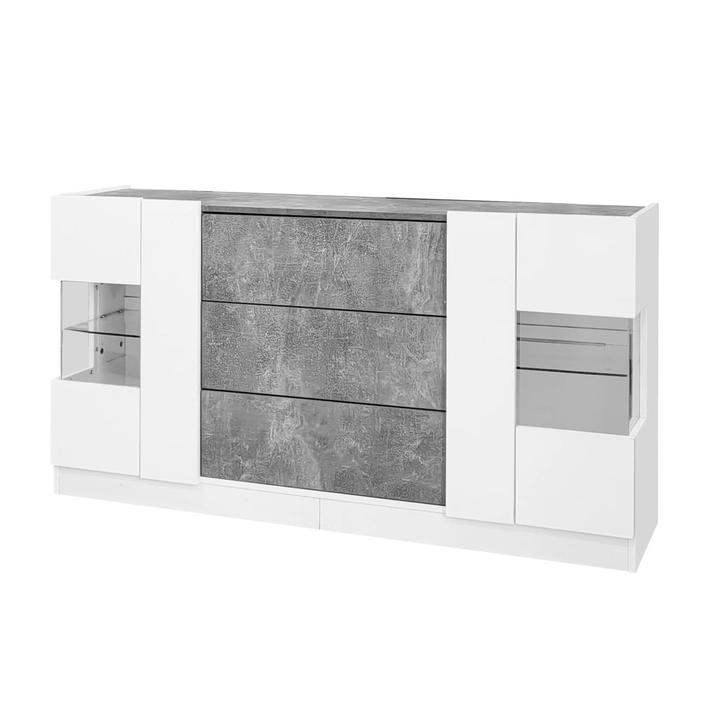 Credenza elegante - Zephmum- 2 ante 3 cassetti- 140x35x75 cm- Bianco lucido marmo grigio- LED 16 colori