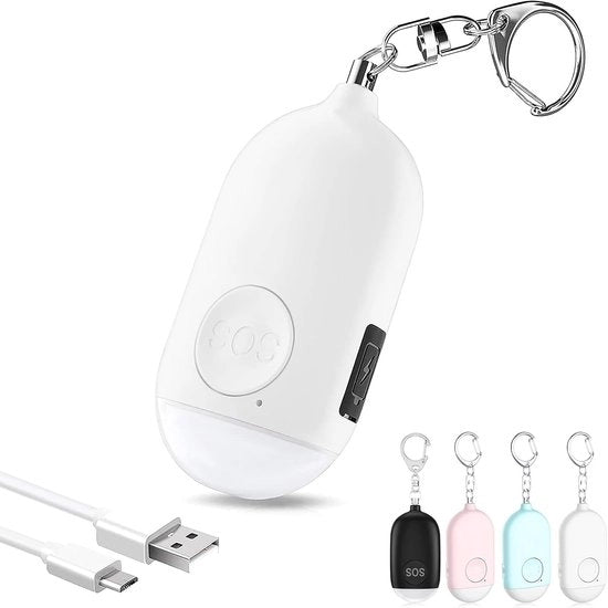 Alarme Personale Caricabile – Prodotti di Autodifesa – Alarme Personale – Chiavi – Alarme Personale – Alarme Chiave – Torcia Portatile LED Caricabile - 130dB - per Sicurezza Personale Donne, Bambini, Anziani - Alarme - Bianco