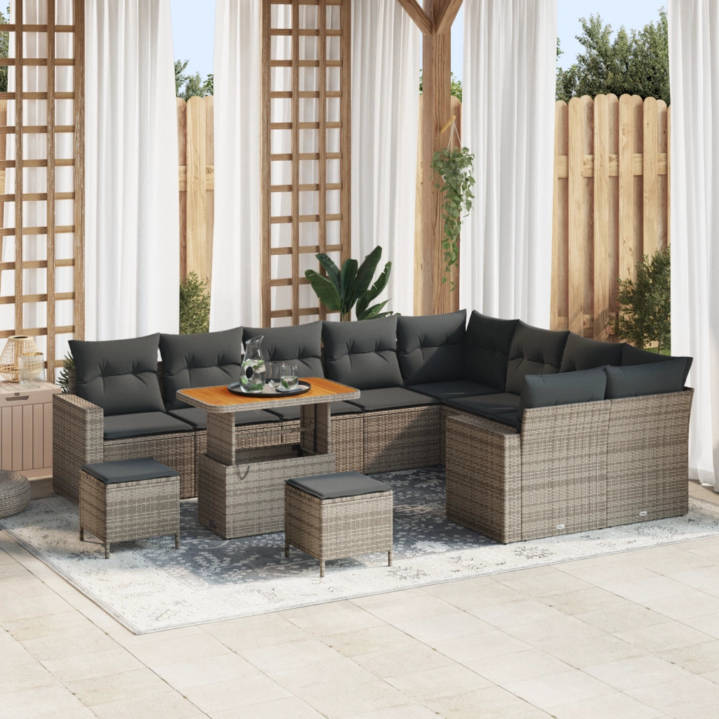 Set Divani da Giardino da 12 Pezzi con Cuscini Grigio Rattan Polimerico Acacia
