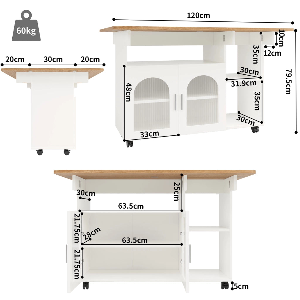 ISOLA CUCINA Pieghevole 120x30/70x79,5 cm MDF e Vetro Bianco